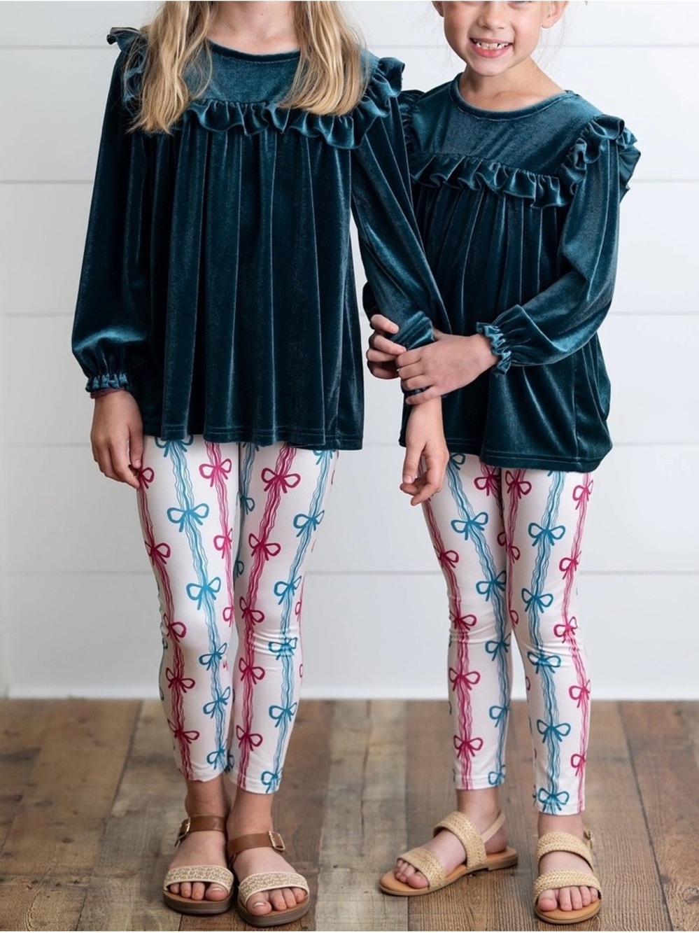 Girls Velvet Ruffle Long-Sleeve Top in Teal